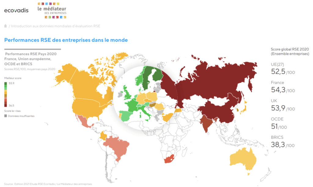 Carte détaillant l'engagement RSE par pays